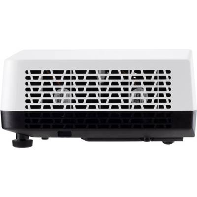 Un projecteur blanc avec un socle noir, vue de face. Design rectangulaire avec des grilles de ventilation.