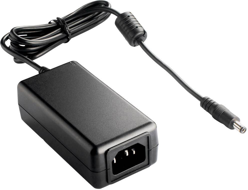 Adaptateur secteur noir avec câble et connecteur DC, adapté aux appareils électroniques.