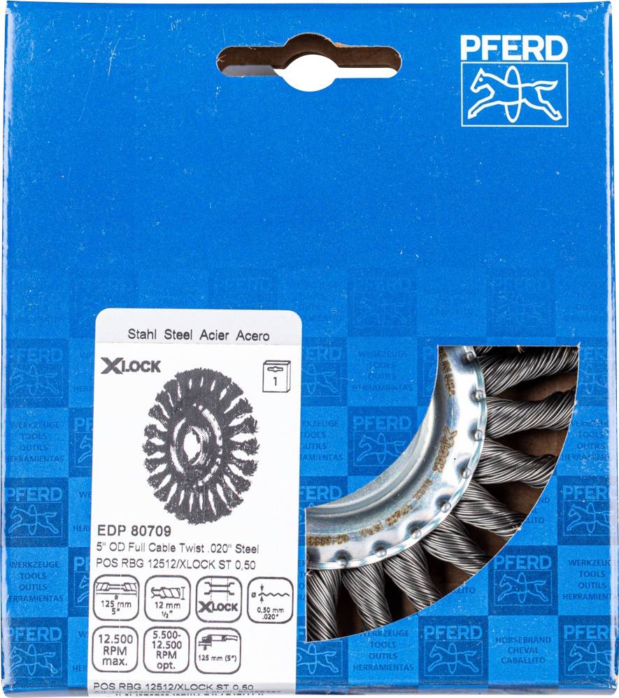 Brosse métallique à fils d'acier PFERD X-Lock 125 mm de diamètre, pour meuleuse d'angle. L'emballage présente l'image du produit et ses caractéristiques techniques.