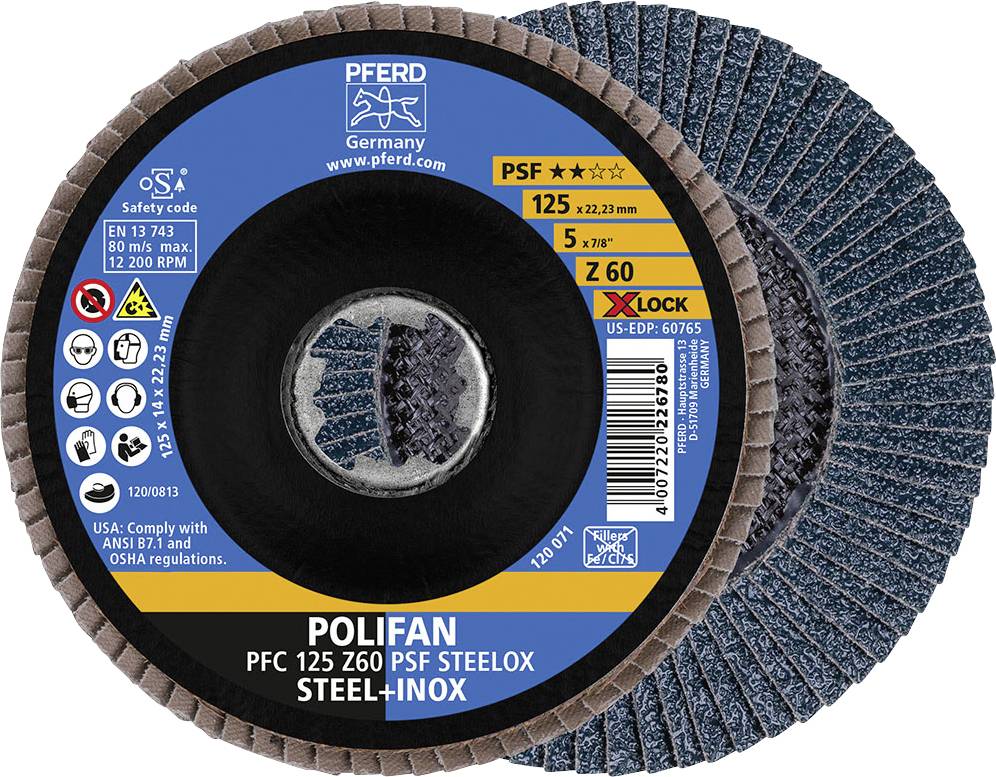 Disque à meuler de la marque PFERD, type POLIFAN PSF, pour acier et acier inoxydable, diamètre 125 mm, alésage 22,23 mm, grain 60, adapté pour X-Lock.