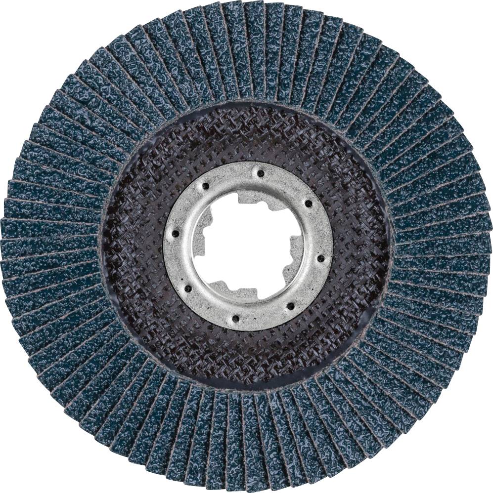 Un disque abrasif rond avec des lamelles bleues disposées en cercle autour d'une ouverture centrale en métal. Il est souvent utilisé pour le meulage de surfaces métalliques.