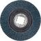 Un disque abrasif rond avec des lamelles bleues disposées en cercle autour d'une ouverture centrale en métal. Il est souvent utilisé pour le meulage de surfaces métalliques.