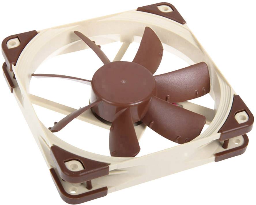 Un ventilateur d'ordinateur carré avec des pales brunes et un cadre beige, équipé de quatre angles de montage.