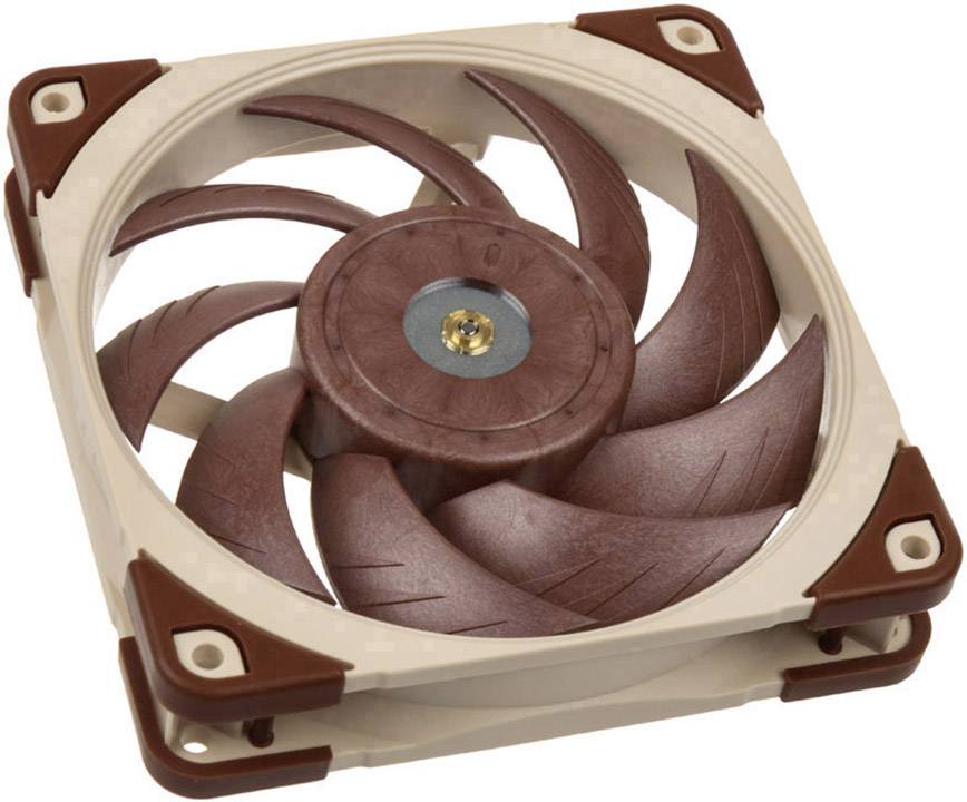 Un ventilateur d'ordinateur brun et beige avec un cadre carré et sept pales courbées, adapté pour le refroidissement des boîtiers d'ordinateurs.