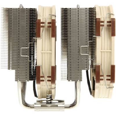 Un grand dissipateur thermique de CPU avec des ailettes verticales empilées et deux ventilateurs connectés qui assurent l'évacuation de la chaleur.