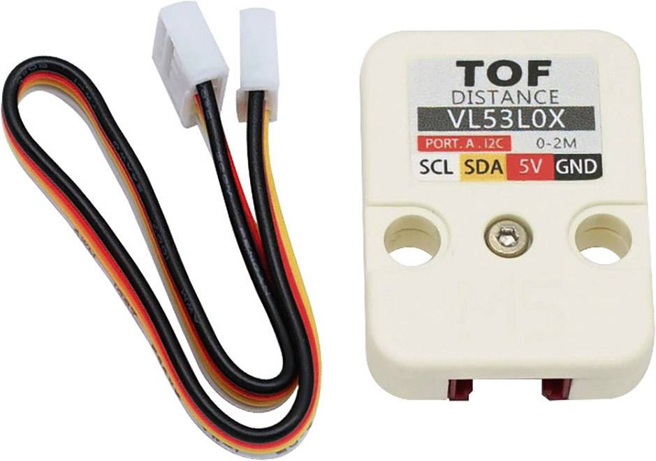 Module de capteur avec deux câbles ; étiquette sur le module : 'TOF DISTANCE VL53L0X'. Ports de connexion : SCL, SDA, 5V, GND.