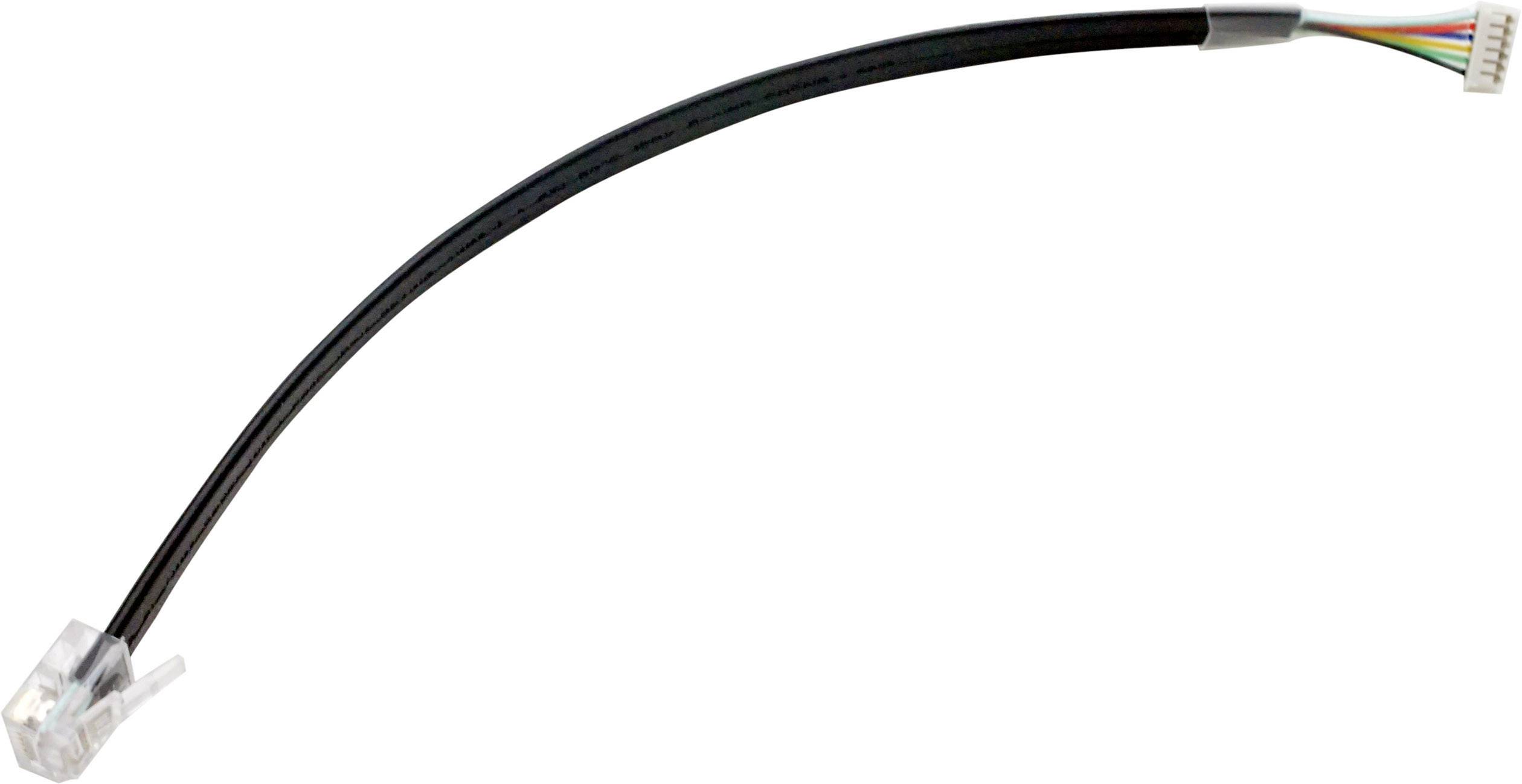 Câble noir avec une fiche RJ11 d'un côté et une fiche blanche à six broches de l'autre côté, pour les connexions téléphoniques.