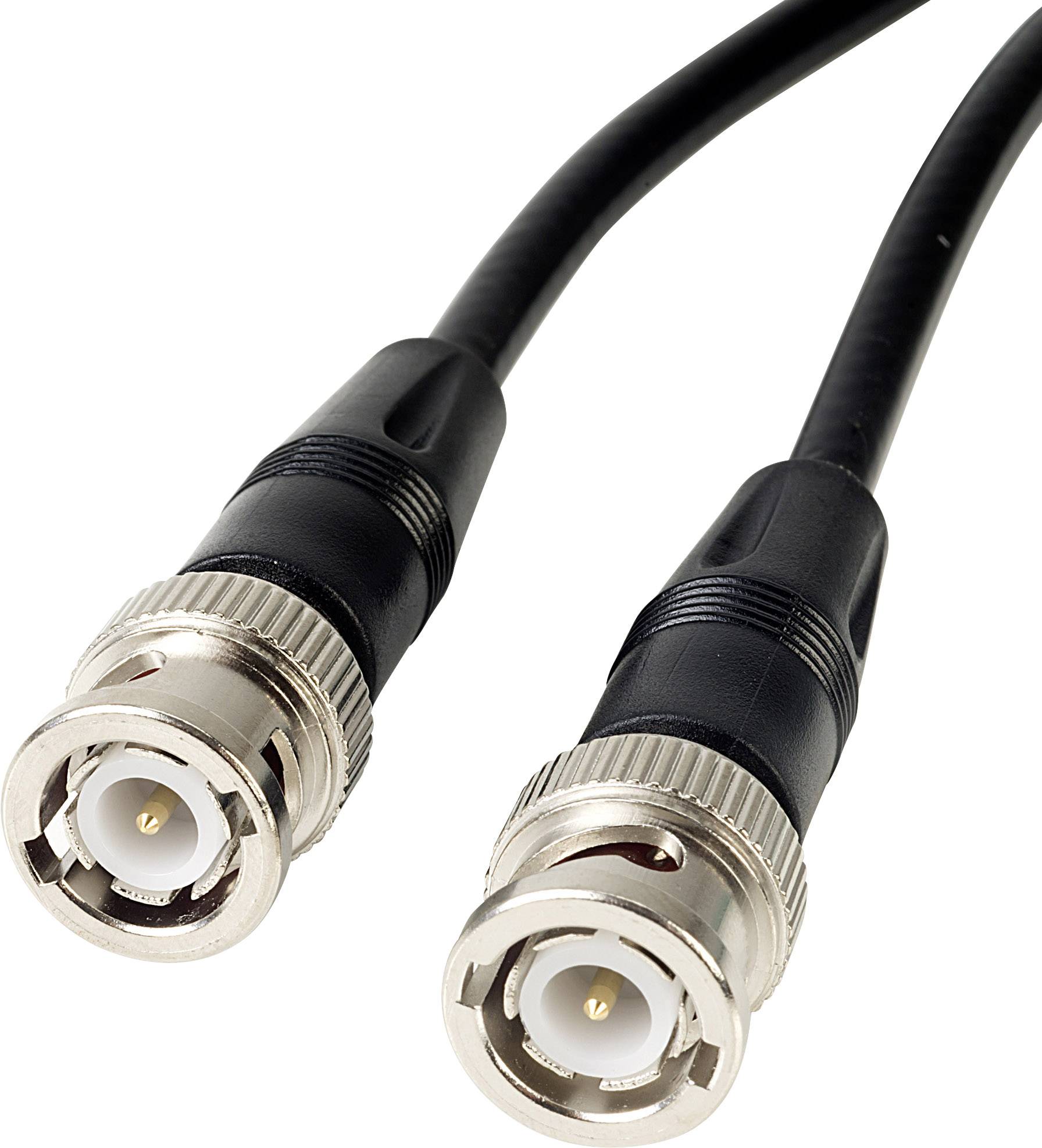 Deux câbles coaxiaux noirs avec des connecteurs BNC à leurs extrémités, souvent utilisés pour la transmission vidéo et les connexions réseau.