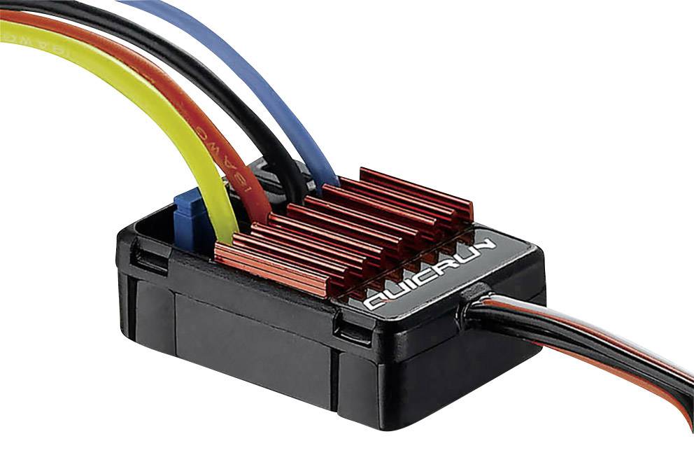 Un régulateur de vitesse électronique avec des câbles colorés, des ailettes de refroidissement rouges et l'inscription 'QUICRUN' sur le dessus.
