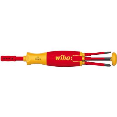 Un tournevis Wiha avec une poignée rouge, un embout jaune et plusieurs lames interchangeables intégrées dans la poignée.