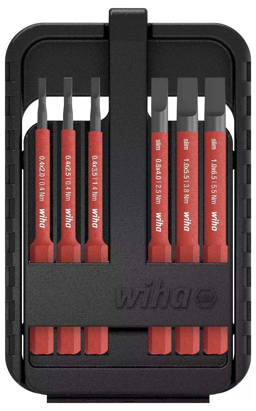 Un étui de six tournevis de précision à manches rouges et pointes grises, conçus pour différents types de vis, par Wiha.