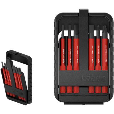 Un ensemble de tournevis Wiha comprenant huit embouts de tournevis rouges dans un support noir compact et portable.