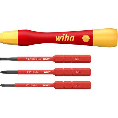 Tournevis rouge avec embouts interchangeables. Les embouts sont marqués : '0.4x2.0', 'PH0', 'PZ0', chacun avec indication en Nm.