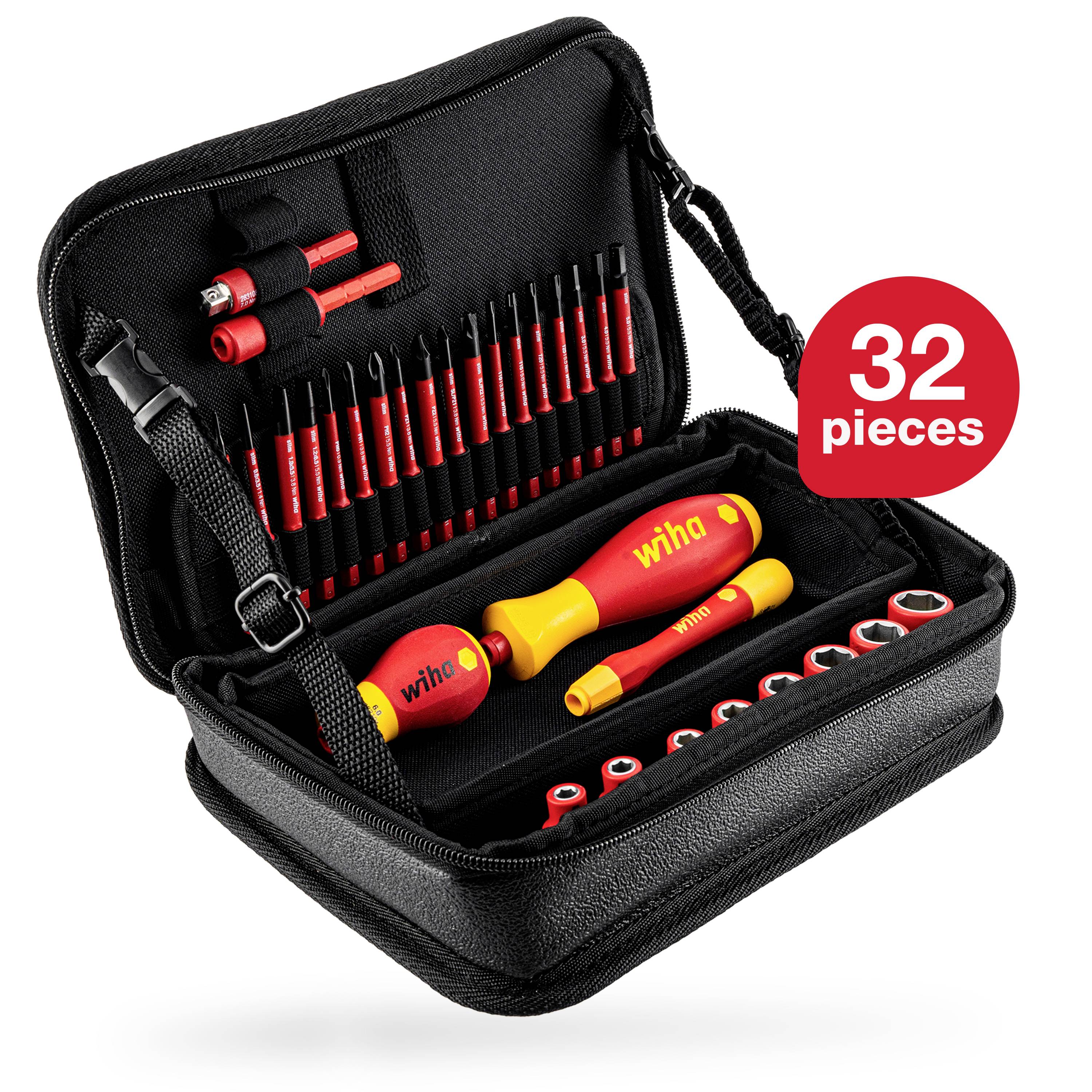 Trousse à outils contenant des tournevis et des embouts en 32 pièces en rouge et jaune. Comprend différentes tailles et types.