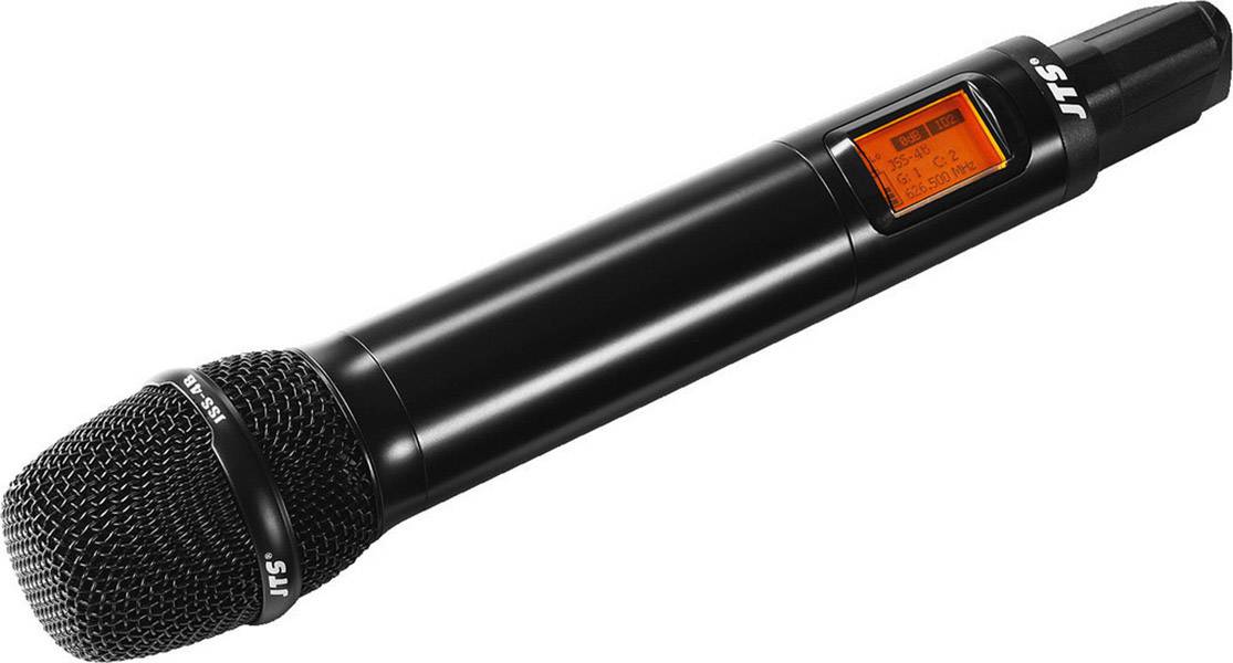 Microphone noir sans fil avec écran lumineux, affichant la fréquence de fonctionnement. Idéal pour des performances scéniques ou des présentations.