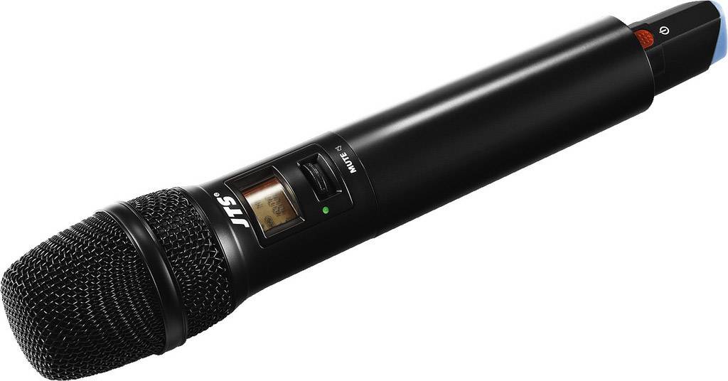 Microphone sans fil noir avec écran intégré. Logo de marque 'JTS' visible sur la poignée.
