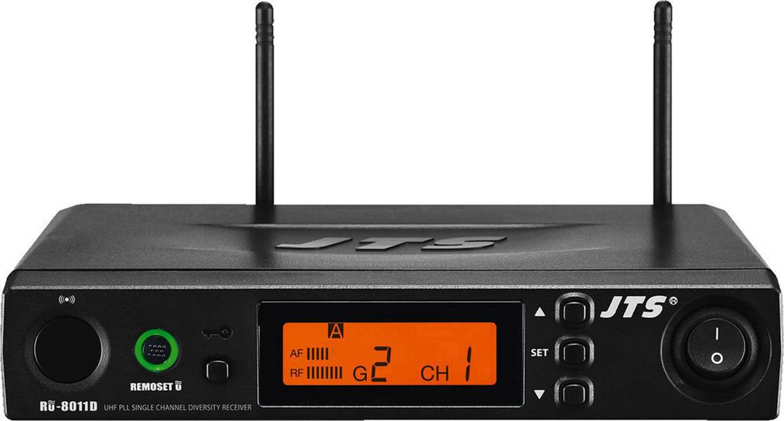 Un récepteur radio avec affichage numérique indique 'GL 2 CH 1'. L'appareil dispose de deux antennes et de plusieurs touches de commande sur la façade avant.
