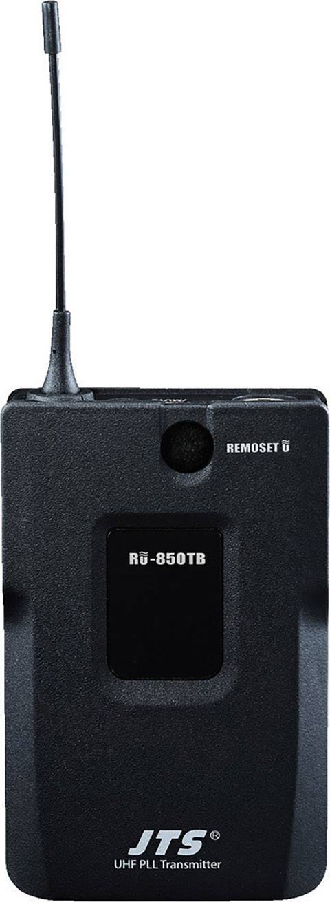 'Émetteur UHF PLL JTS, Modèle RU-850TB, avec antenne et panneau d'affichage sur le devant.'