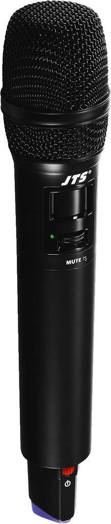 Un microphone noir sans fil avec fonction de sourdine et un voyant LED sur l'avant.