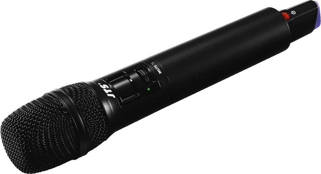 Un microphone à main noir avec des commandes visibles et un indicateur LED lumineux, utilisé pour l'enregistrement audio.
