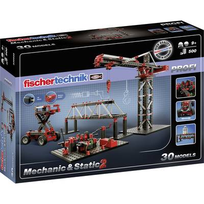 Boîte de construction 'fischertechnik Mechanic & Static 2' permettant de construire 30 modèles, dont une grue et des machines, à partir de 9 ans.