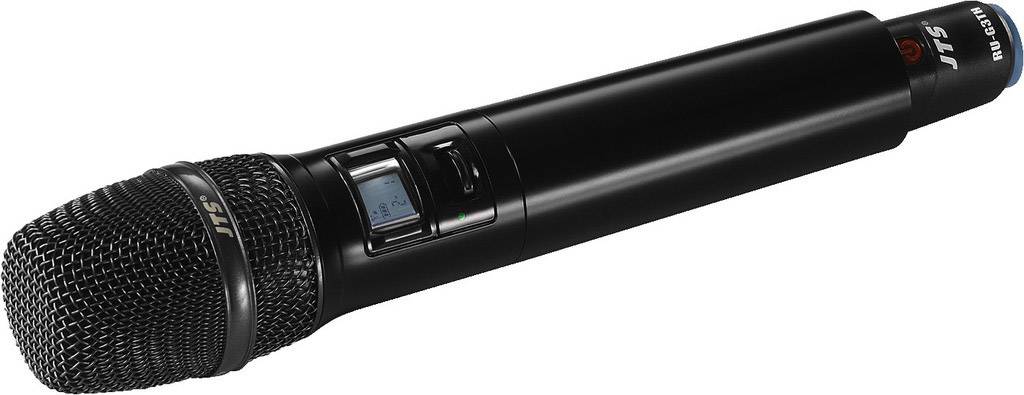 Microphone sans fil noir avec écran intégré et commandes sur la poignée. Il s'agit d'un microphone à main.