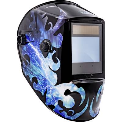 Casque de soudage graphique avec éclair bleu et motif tribal noir, doté d'une fenêtre de visualisation rectangulaire à l'avant.