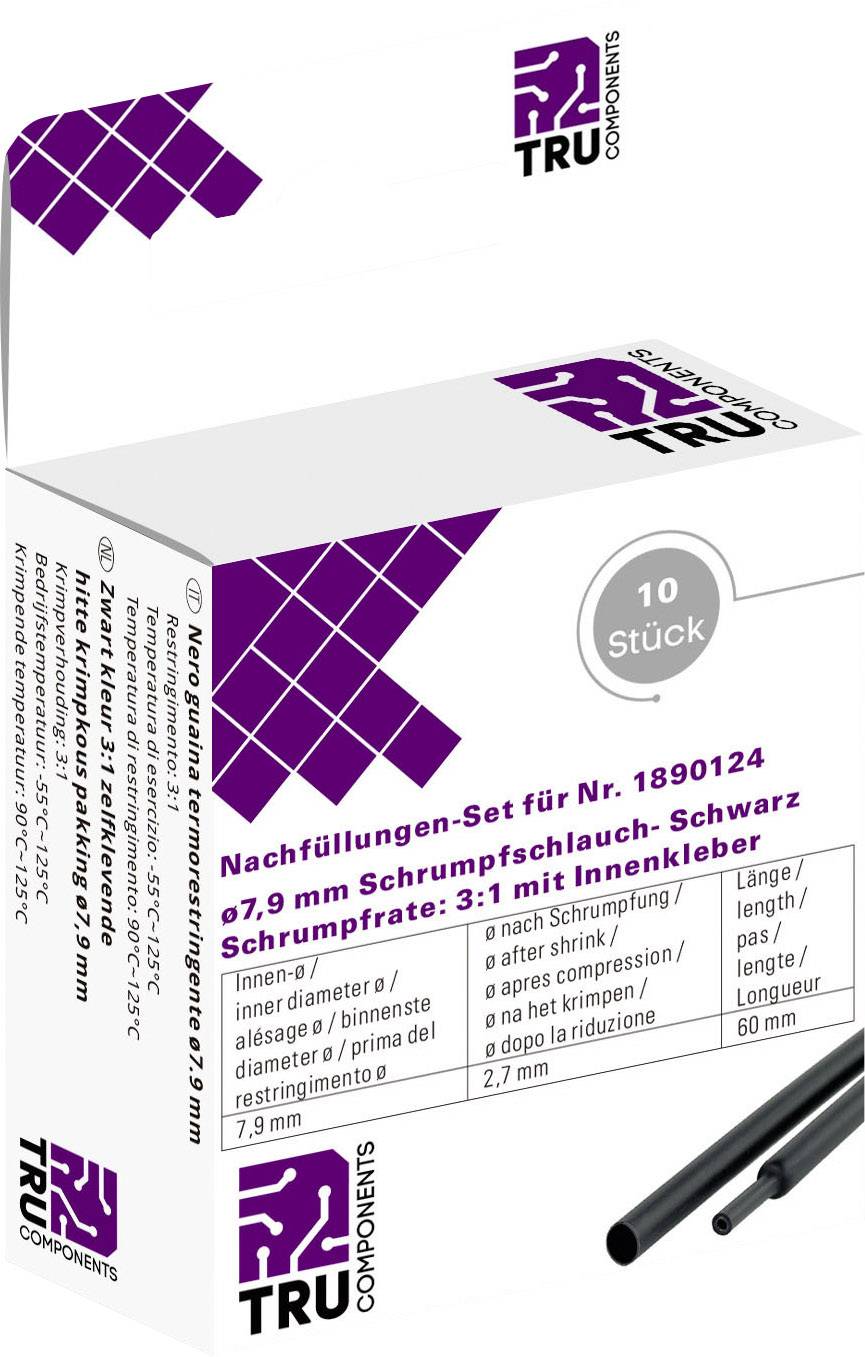 Ensemble de gaines thermorétractables de rechange, 7,9 mm, Noir, Taux de rétraction : 3:1, avec adhésif interne, lot de 10 pièces, TRU Components.