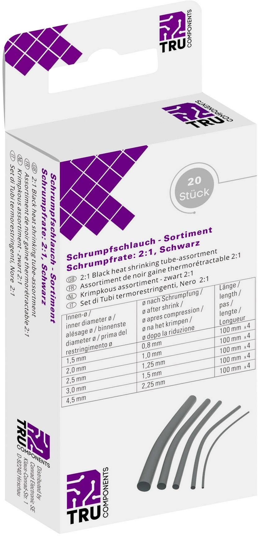 Assortiment de gaine thermorétractable, Noir, Taux de rétraction 2:1, 20 pièces. Comprend différents diamètres de 1,0 mm à 5,0 mm.