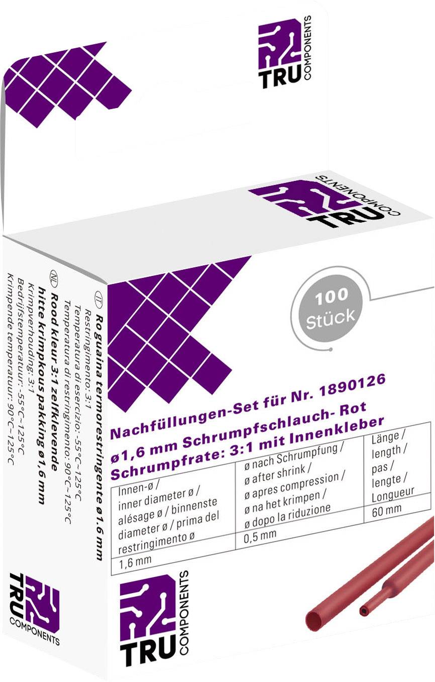 Emballage de gaine thermorétractable de rechange, Rouge, Taux de rétrécissement 3:1, Diamètre intérieur 1,6 mm, Lot de 100 pièces.