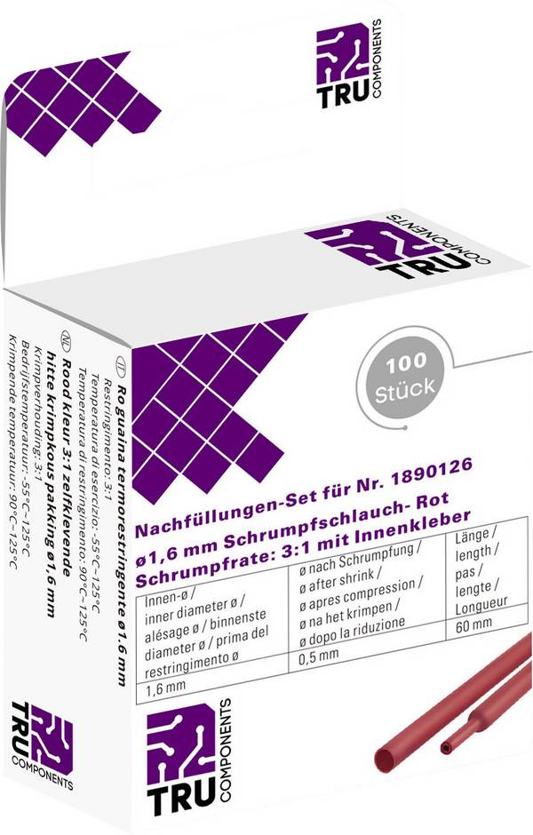 TRU COMPONENTS T1807CA007A Gaine thermorétractable avec colle rouge 1.60 mm 0.50 mm Taux de retreint:2:1 100 pc(s)