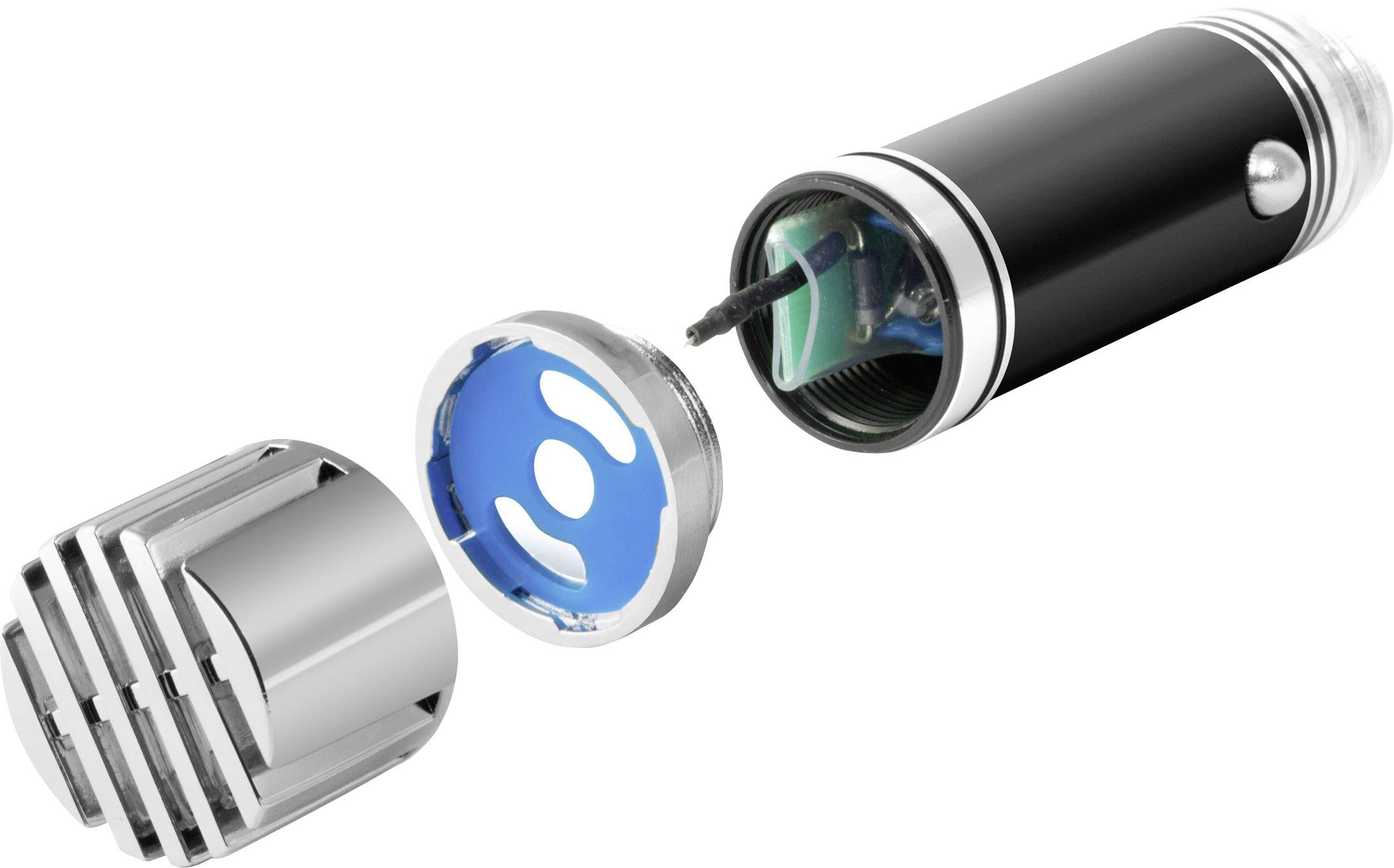 Microphone démonté avec tête amovible, élément de vibration bleu visible et intérieur du boîtier cylindrique noir.