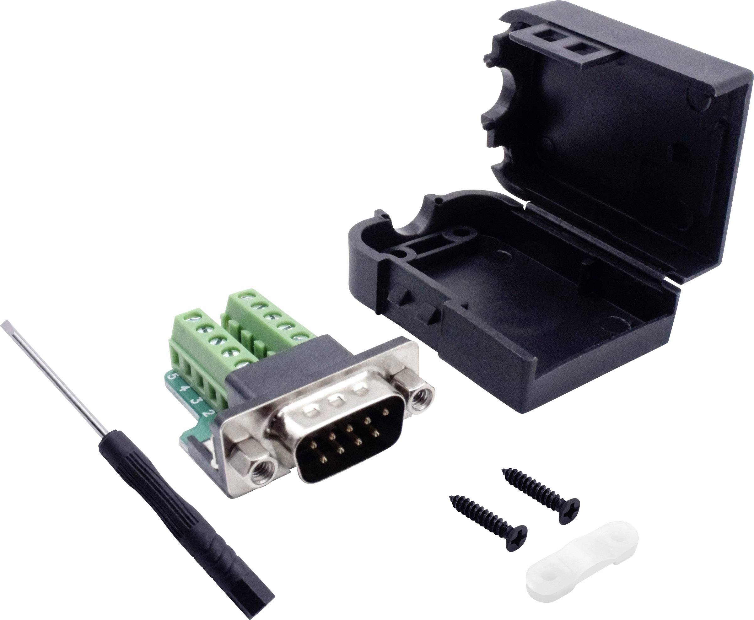 'Un connecteur RS-232 DB9 avec un couvercle en plastique noir ouvert, un tournevis, deux vis et un clip de câble blanc.'