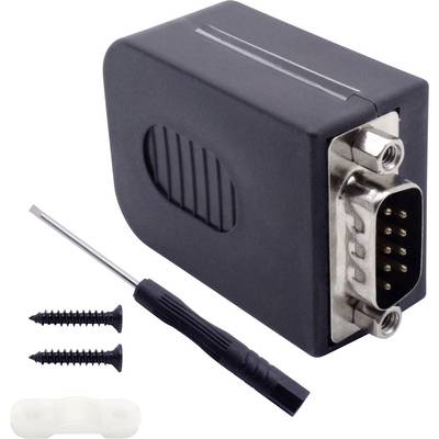 Adaptateur avec connecteur série DB9, deux vis, tournevis et couvercle de vis pour la fixation sur une surface.