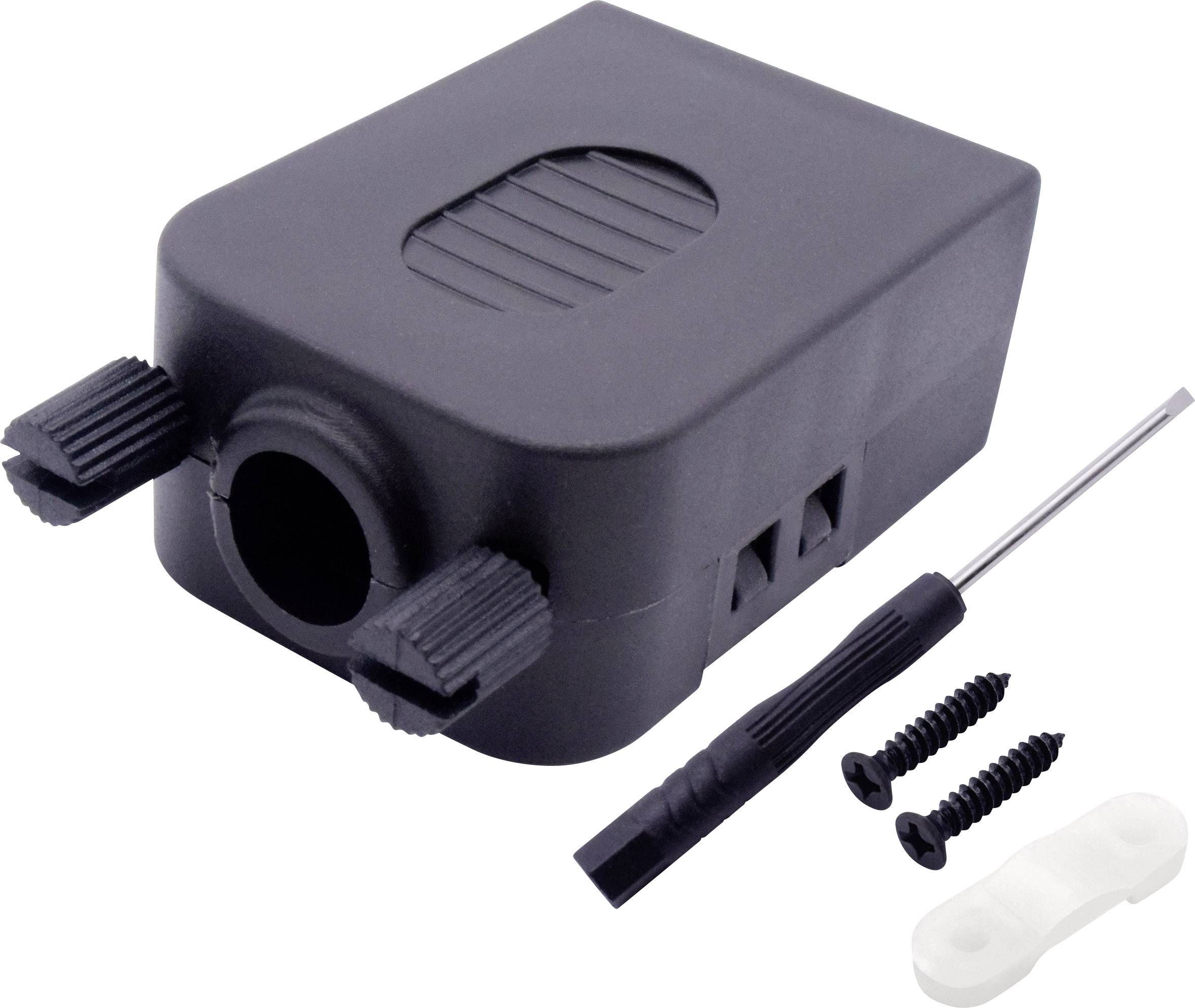 Un connecteur noir pour câbles avec deux vis, un petit tournevis et un serre-câble blanc. Idéal pour les électriciens.
