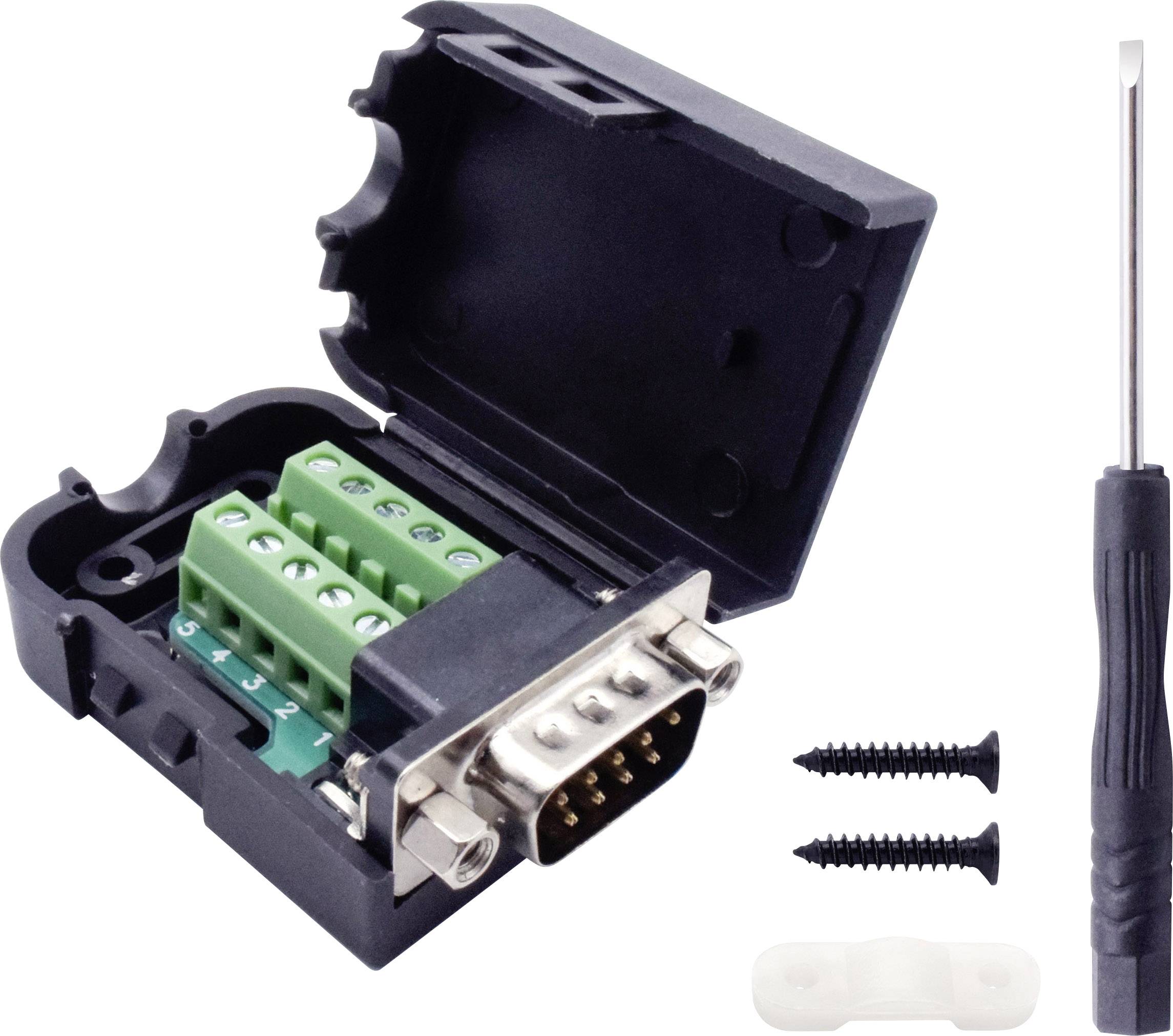 Adaptateur ouvert noir avec des bornes de connexion vertes, deux vis noires, un support de câble blanc et un petit tournevis.