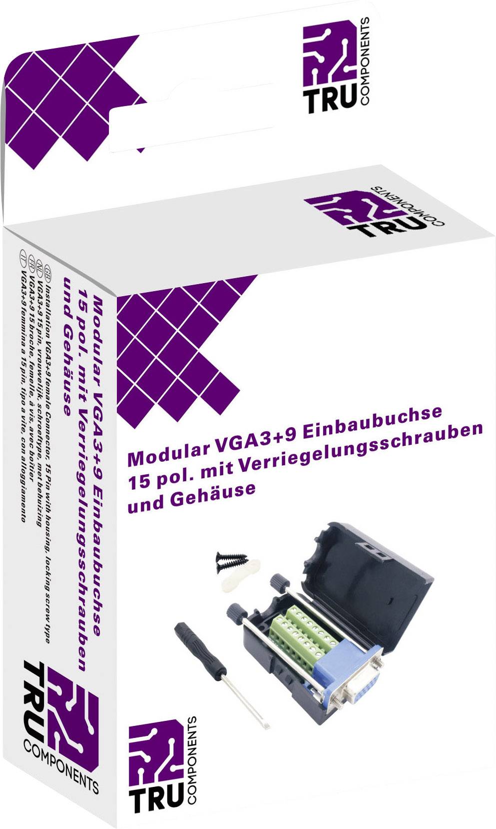 Emballage d'un connecteur VGA modulaire 3+9 broches, 15 points, avec vis de verrouillage et boîtier de Tru Components.