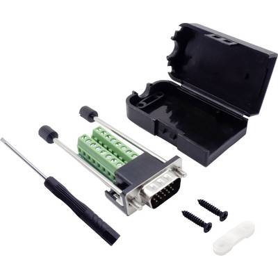 Adaptateur de terminal DB9 avec tournevis, boîtier de protection, vis et couvercle de câblage pour connexions électriques.
