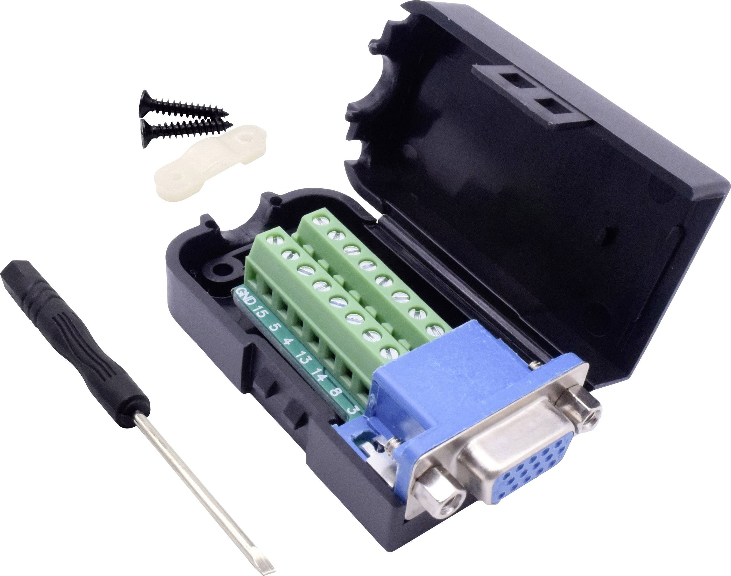 Un adaptateur de connecteur VGA ouvert avec des bornes à vis à l'intérieur. À côté se trouvent un tournevis et deux vis.