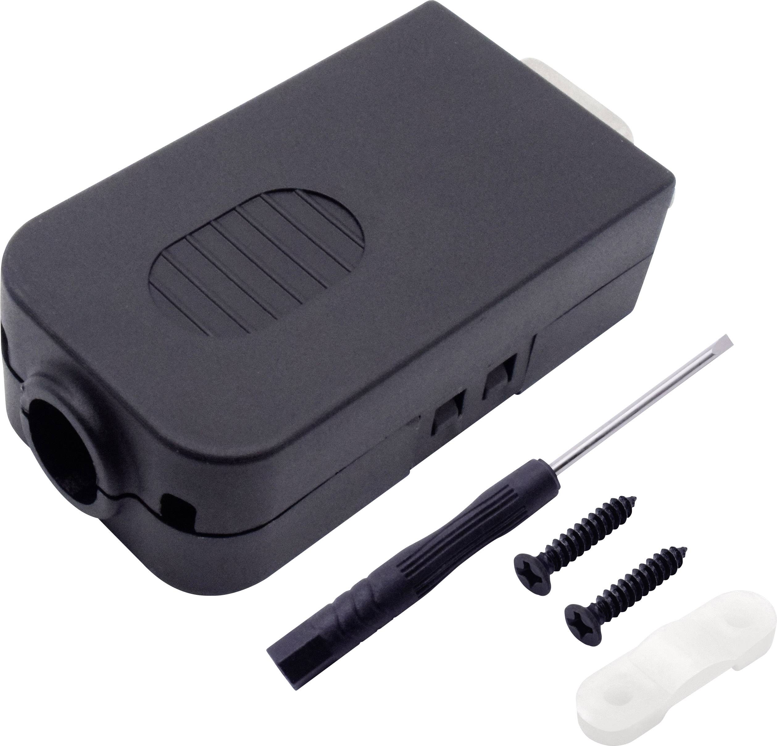 Un adaptateur de capteur noir avec connexion de câble, tournevis, deux vis et un clip en plastique blanc sur un fond blanc.