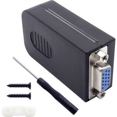 Un adaptateur rectangulaire avec port VGA, à côté d'un petit tournevis, deux vis et un support en plastique blanc.