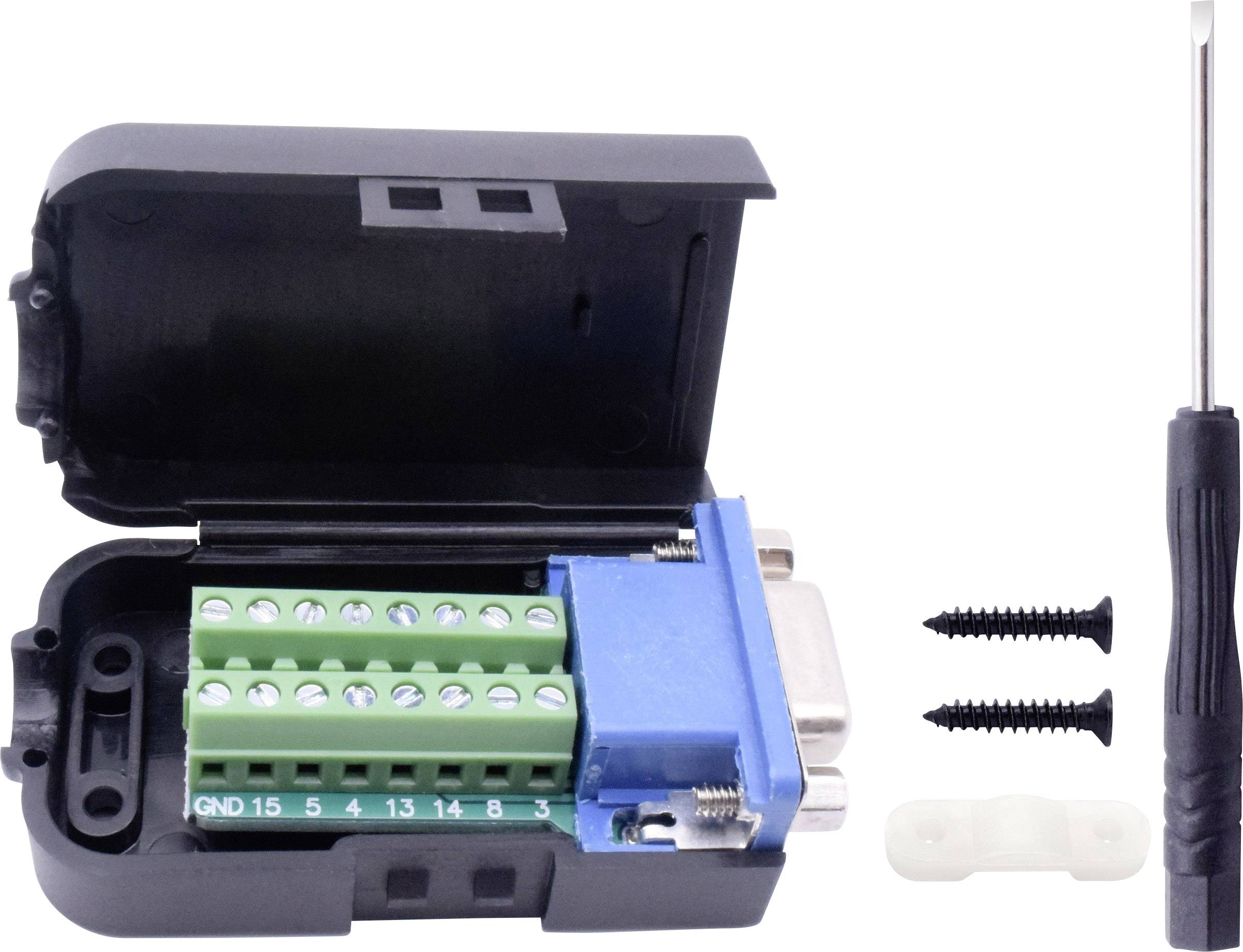 Un connecteur DB9 ouvert avec des bornes à vis et des vis, accompagné d'un petit tournevis, prêt pour le montage.