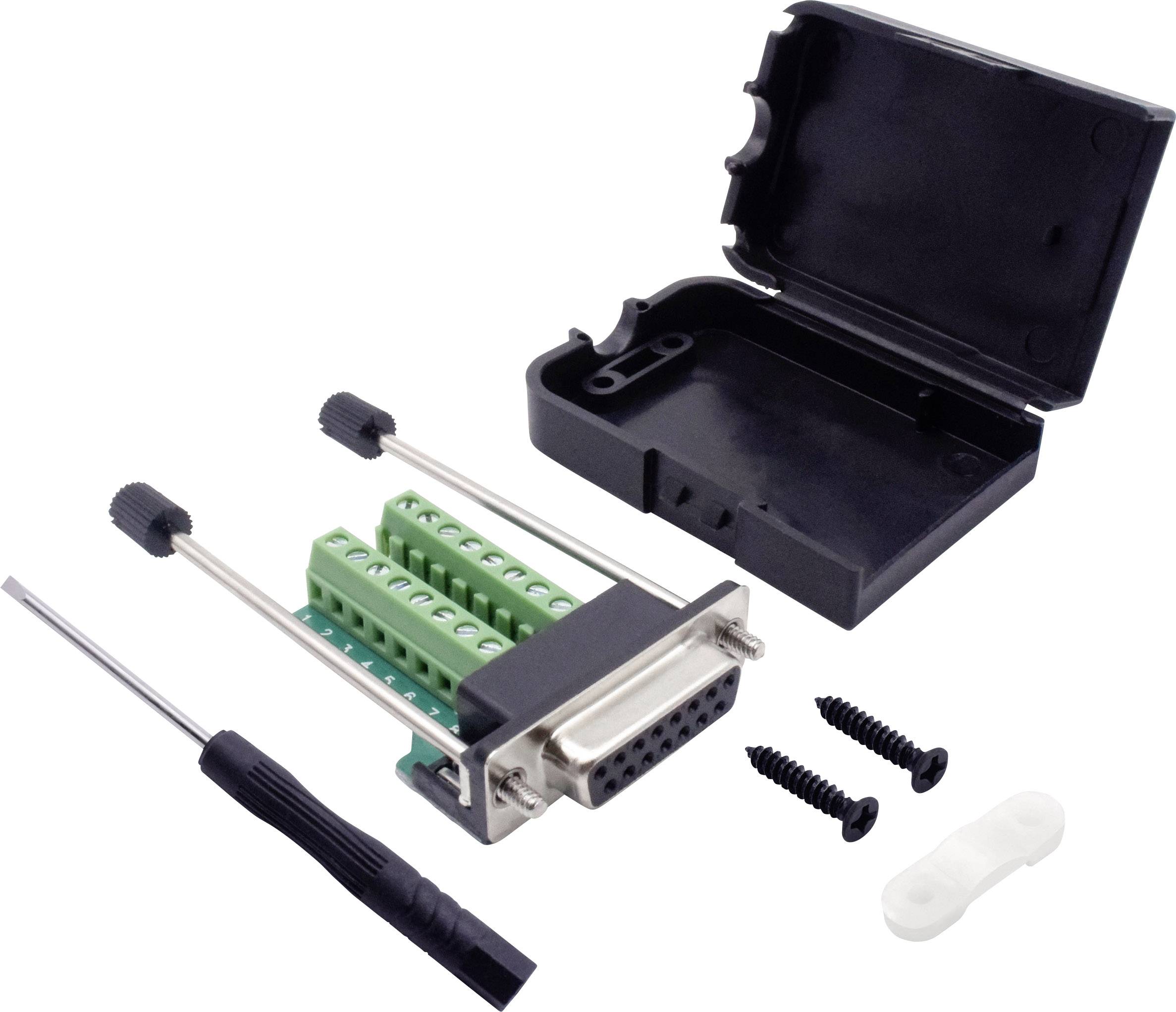 Kit de connecteur DB9 avec boîtier, vis, tournevis et bloc de terminaison vert pour connexions de câbles.