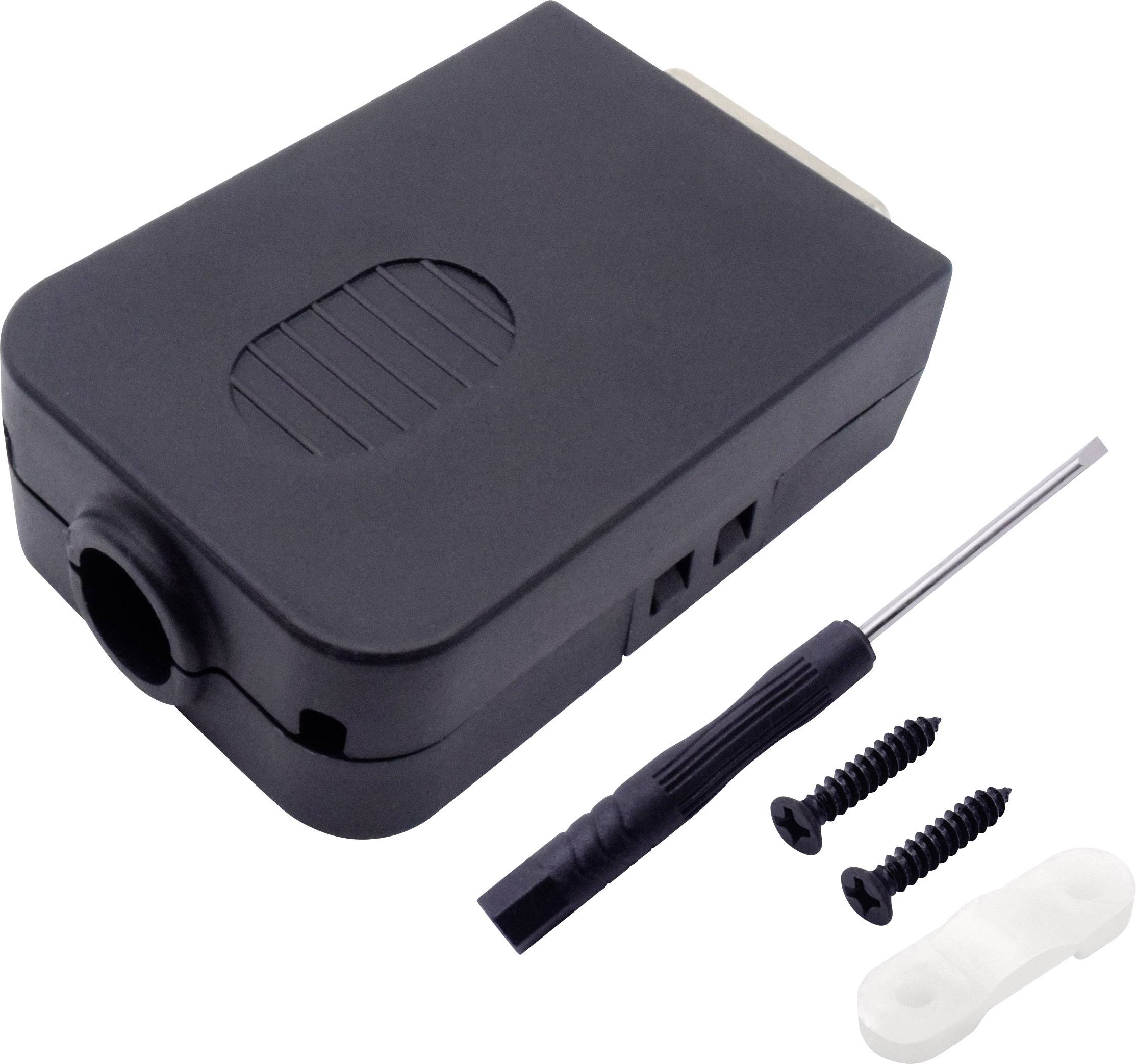 Un adaptateur électrique noir avec deux vis, un petit tournevis et un couvercle en plastique blanc.