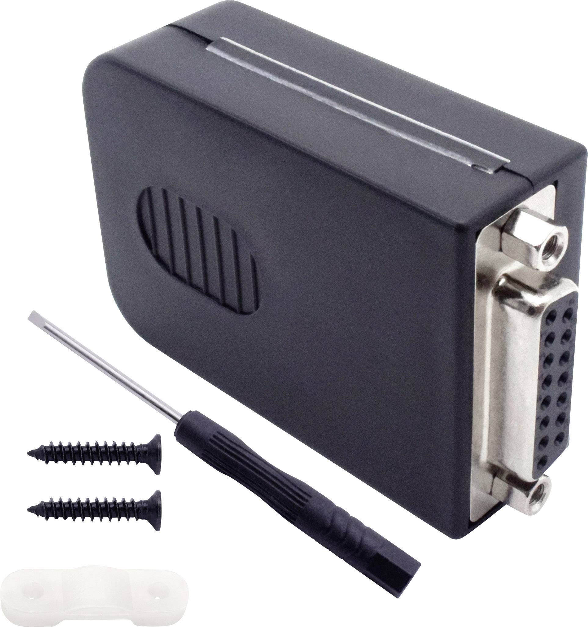 'Adaptateur noir avec connexion VGA et vis moletées, accompagné de deux vis noires, d'un petit tournevis et de matériel de montage.'