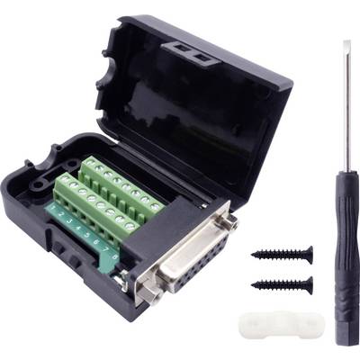 Un boîtier de connecteur DB9 ouvert avec une borne à vis verte, deux vis, un serre-câble et un tournevis à côté.