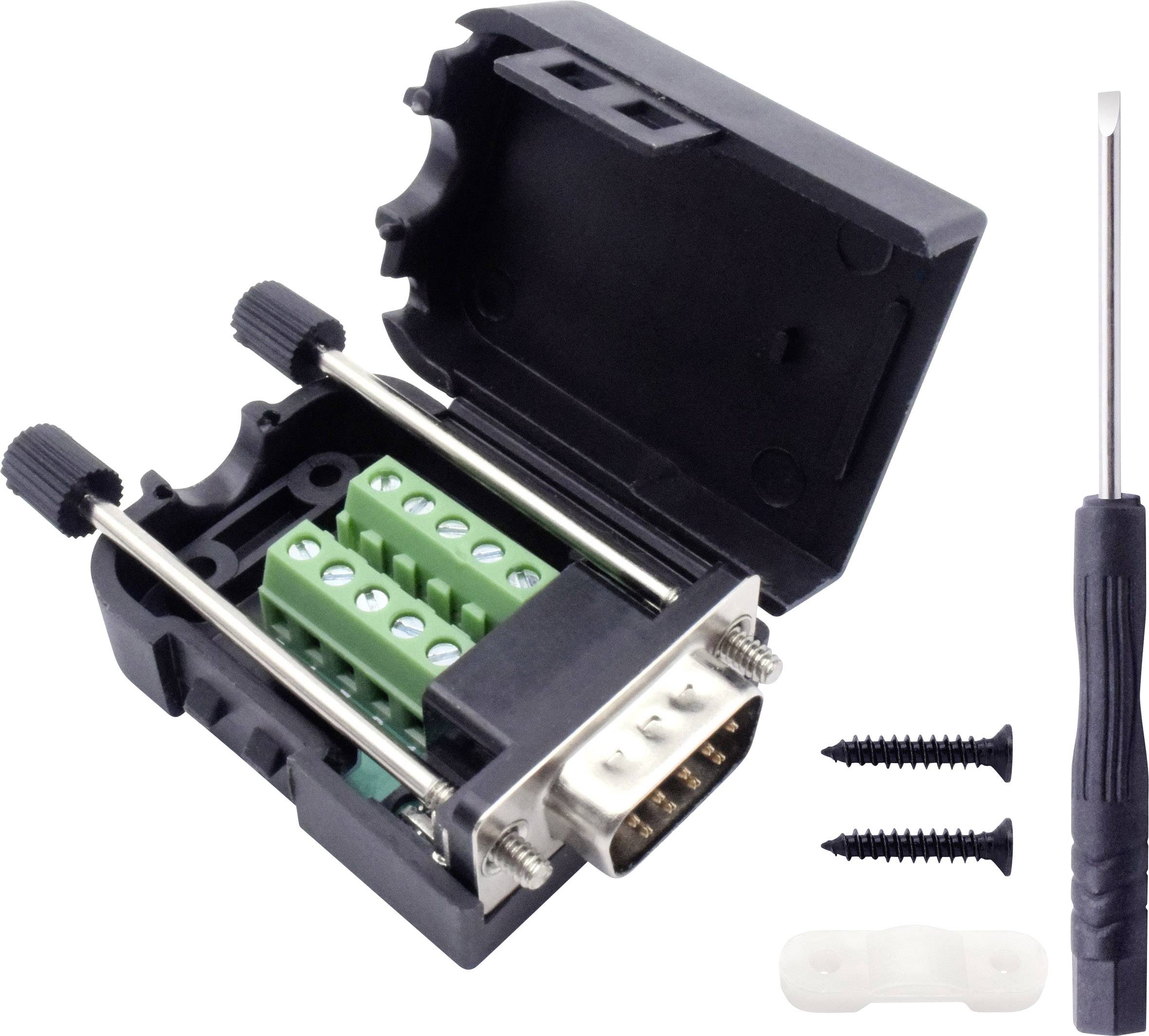 Kit de connecteur DB9 avec boîtier ouvert, bornes de connexion vertes, deux vis noires, un clip en plastique et un tournevis.