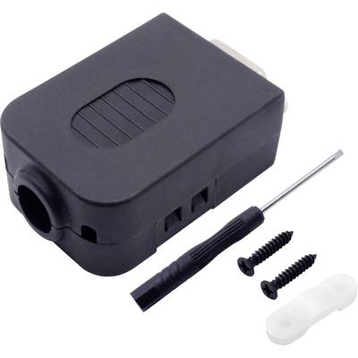 Un adaptateur noir avec un tournevis et deux vis. L'adaptateur possède un jeu de contacts ovales sur un côté.