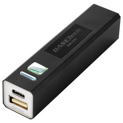 Chargeur portable noir avec ports USB et Micro-USB, voyant LED d'état et logo BASETech sur le dessus.