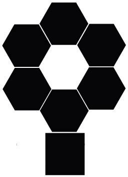 Forme abstraite noire composée de six hexagones formant un cercle autour d'un autre hexagone, avec un carré en dessous.
